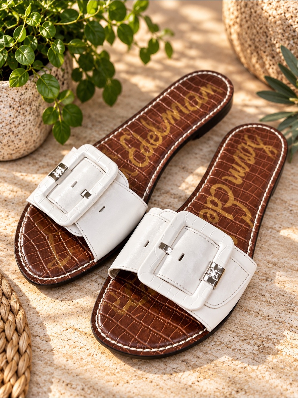 Sam Edelman White Leather Buckle Slide Sandals Brown Croc 10.5
